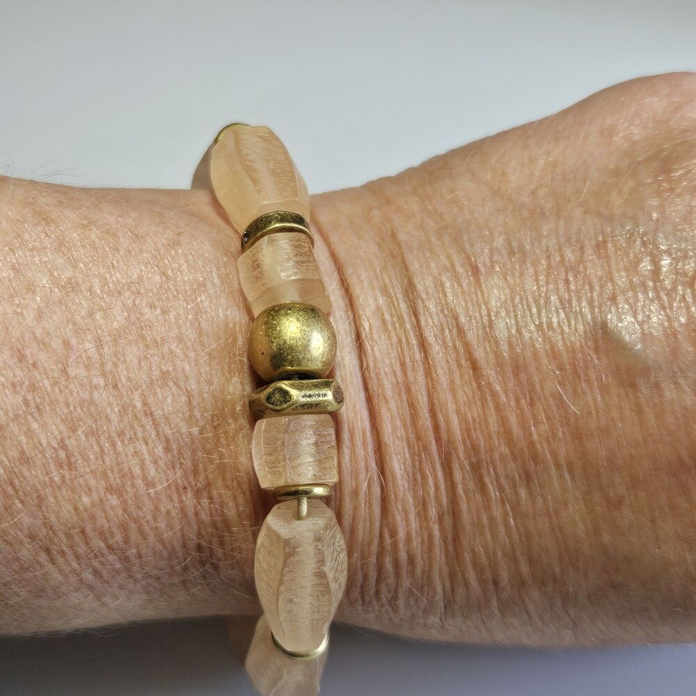 Stella & Dot Brix Glass Stone Stretch Bracelet Blush Pink Brass Gold 7.5"